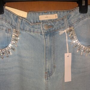 Light Blue Straight-Leg Women's Jeans with Jeweled Pocket Trim